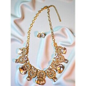 Gold Tone Chunky Statement Necklace Set Rhinestone Crystal Bib Bridal Drag Prom